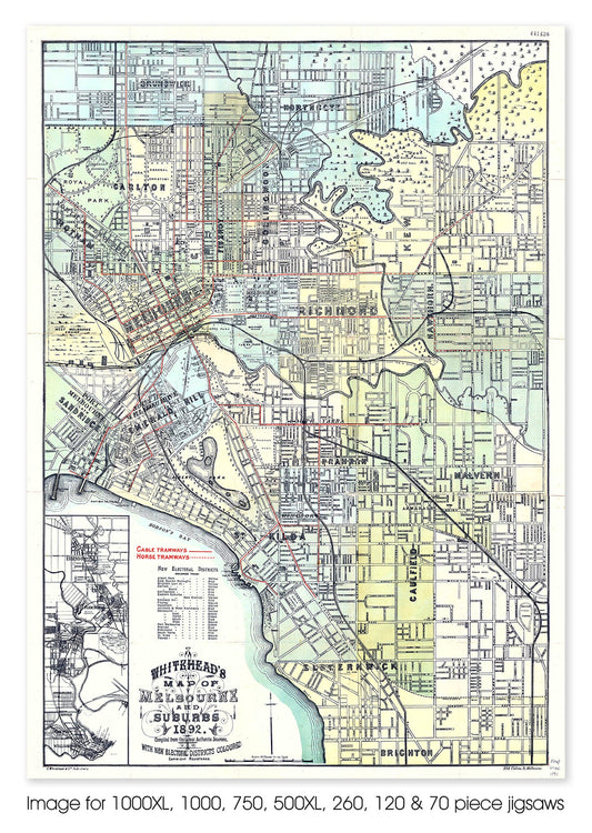 Whitehead's Map of Melbourne & Suburbs - 1892